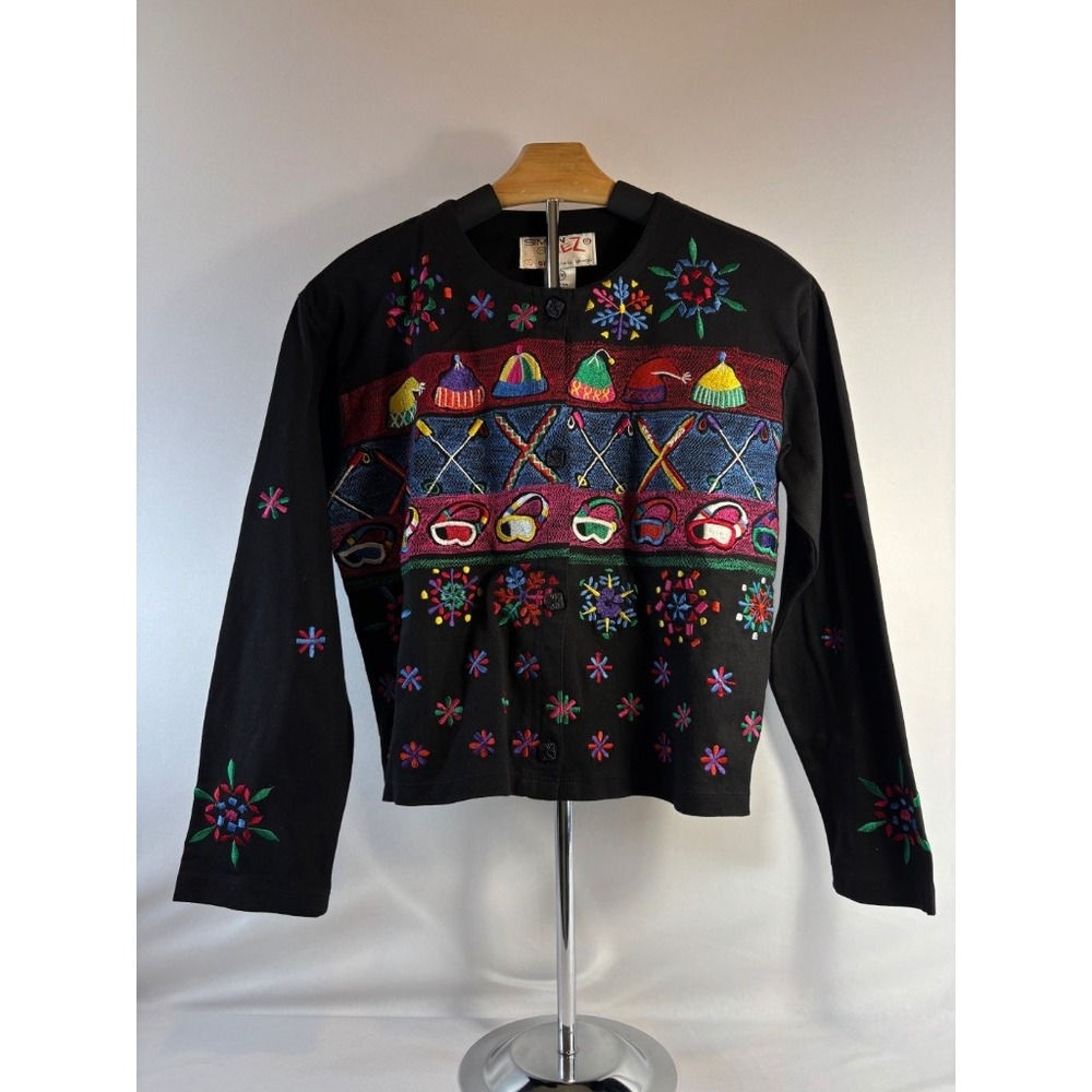 VTG Simon Sez Michael Simon Black Ski Embroidered Cardigan Top Size 12/14T